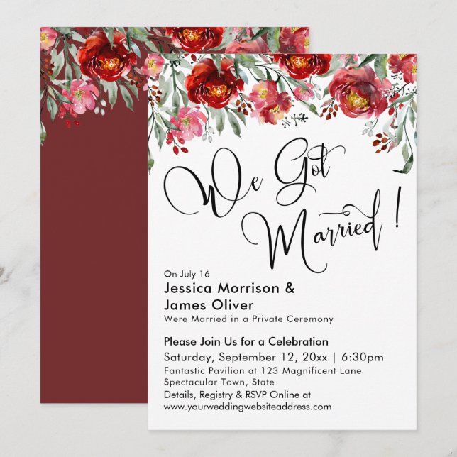 Invitation Nous sommes mariés Typographie Fleurs Rouge Bourgo (Devant / Derrière)
