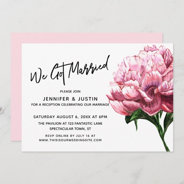 Invitation Nous sommes mariés Typographie, Pivoine aquarelle  (Devant / Derrière)