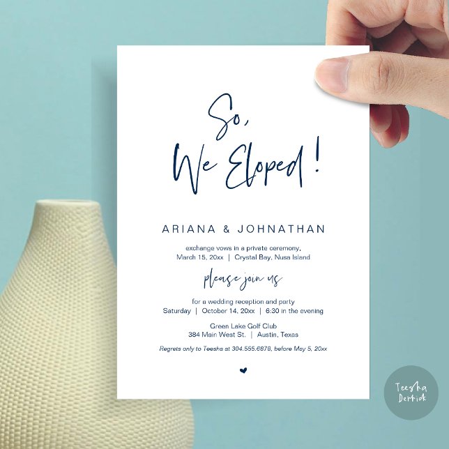 Invitation Nous sommes partis en voyage de noces, Bleu marine (So, We Eloped, Modern Wedding Elopement Dinner Invitation Card, PDF, in Navy Blue)