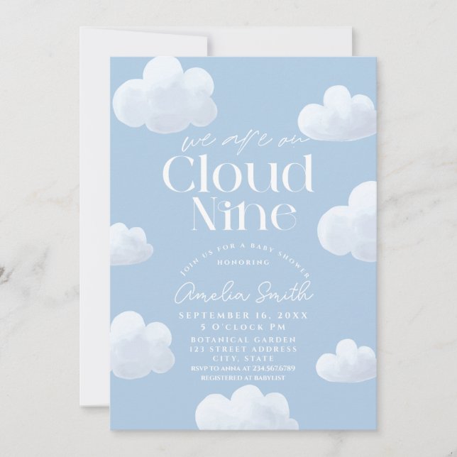 Invitation Nous sommes sur Cloud Nine Baby shower Blue Cloud  (Devant)