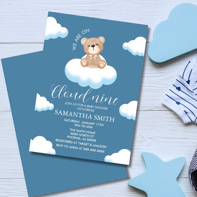 Invitation Nous sommes sur Cloud Nine Blue Boy Bear Baby show (Minimalist sky baby shower invitation with smiling teddy bear sitting on fluffy white clouds)