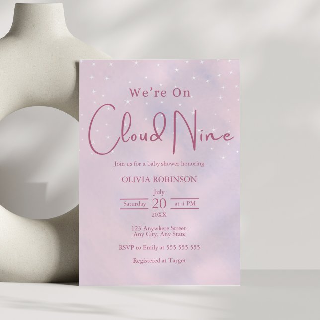 Invitation Nous sommes sur le nuage 9 Dreamy Baby shower rose (We're On Cloud 9 Dreamy Pink Girl Baby Shower Invitation     )