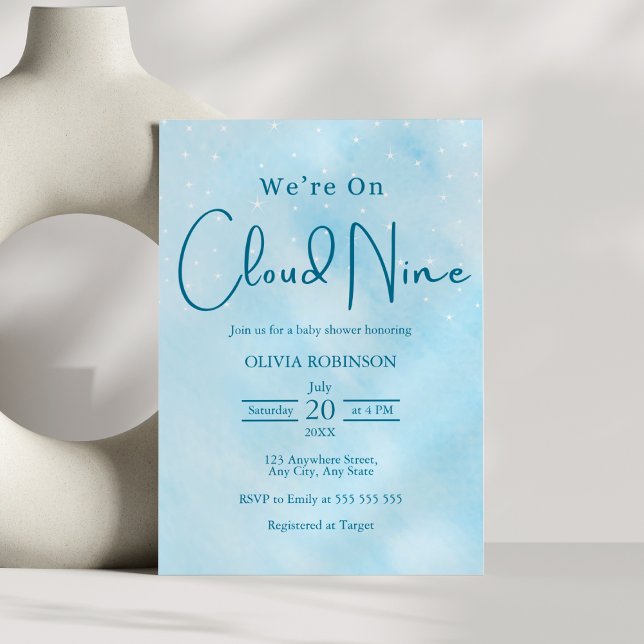 Invitation Nous sommes sur le nuage 9 Dreamy Sky Baby shower  (We're On Cloud 9 Dreamy Sky Blue Boy Baby Shower Invitation  )