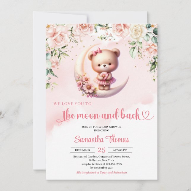 Invitation Nous t'aimons au baby shower de la lune et du dos (Devant)
