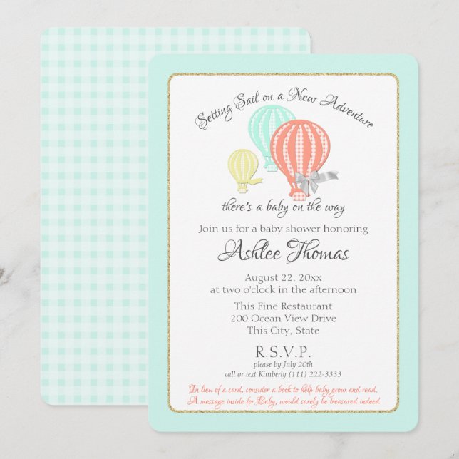 Invitation Nouveau Baby shower Adventure Hot Air Balloons (Devant / Derrière)