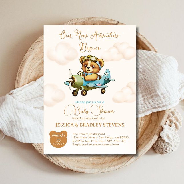 Invitation Nouveau Baby shower d'avion pour bébé aventure (New Adventure Baby Pilot Airplane Baby Shower Invitation)