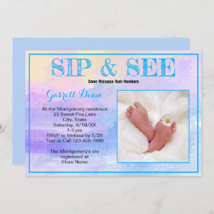 Invitation Nouveau bébé en bleu "Sip and See" Photo Party per