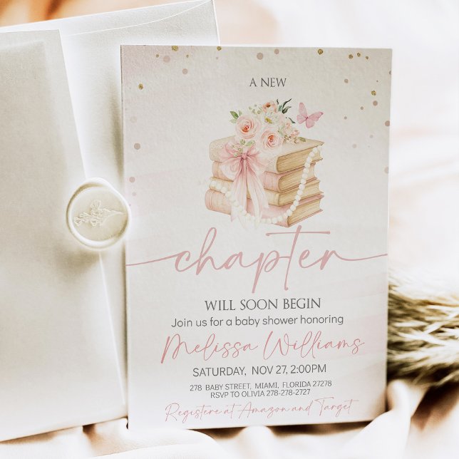 Invitation Nouveau chapitre arc papillons fleur sauvage Baby  (A baby shower invitation with soft wildflowers, fluttering butterflies, and a satin pink bow, featur)