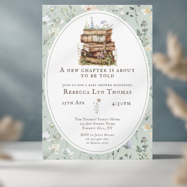 Invitation Nouveau chapitre baby shower aquarelle, fleur sauv (baby shower new chapter green flower)