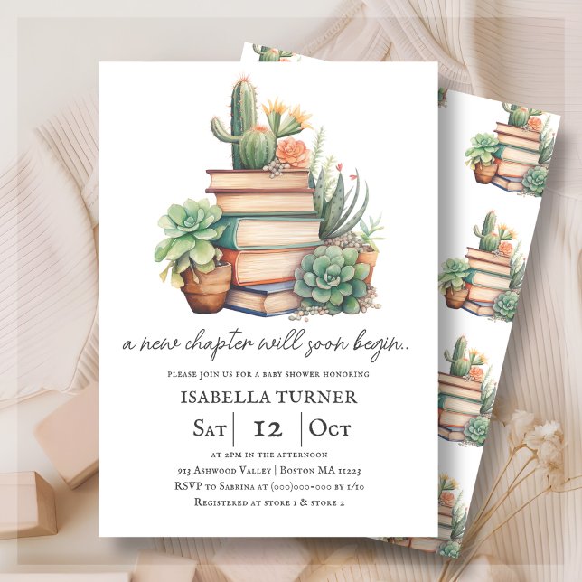 Invitation Nouveau Chapitre Cactus & Livres Baby shower Invit (Créateur téléchargé)