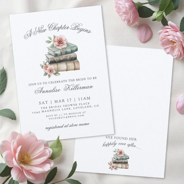 Invitation Nouveau Chapitre Fête de Mariage Florale (Book New Chapter Floral Bridal Shower Invitation)