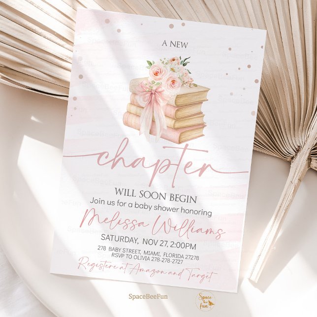 Invitation Nouveau chapitre fleur sauvage arc rose Baby showe (Sweet and elegant baby shower invitation featuring a pink bow, wildflowers, and book stack — perfect)