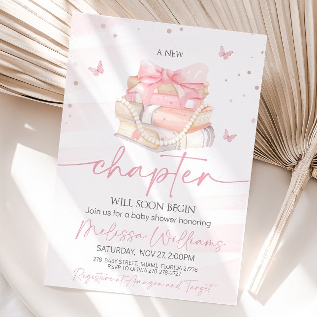 Invitation Nouveau chapitre fleur sauvage arc rose Baby showe (A soft pink baby shower invitation with wildflowers, an elegant pink satin bow, and the phrase "A Ne)
