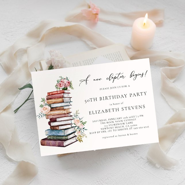 Invitation Nouveau chapitre Livre Lover Bookworm Adulte Anniv (a new chapter birthday party invitation milestone book lover bookworm library literary floral roses )