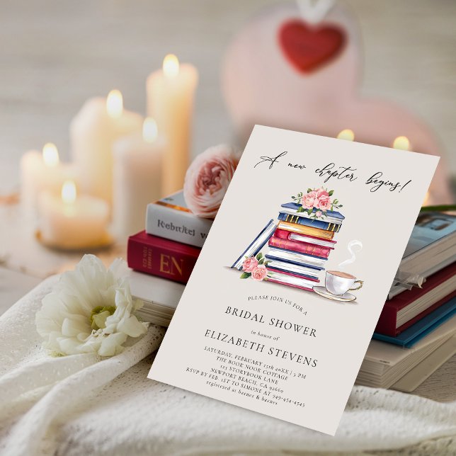 Invitation Nouveau chapitre Livre Lover Bookworm Ecru Fête de (a new chapter bridal shower invitation book lover bookworm library literary floral roses elegant)