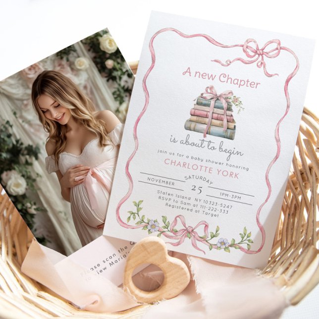 Invitation Nouveau chapitre Pink Bow photo code QR Baby showe (Créateur téléchargé)