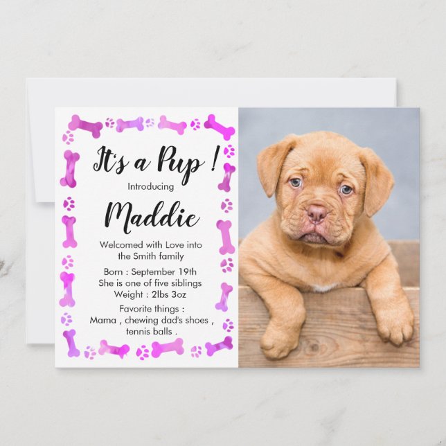 Invitation Nouveau Chiot - Nouveau Animal - Chien rose Annive (Devant)