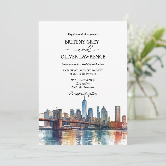 Invitation Nouveau Mariage à Destination avec Skyline de New  (Debout devant)