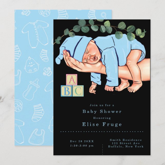 Invitation Nouveau-né garçon sur maman Baby shower bleu bras (Devant / Derrière)