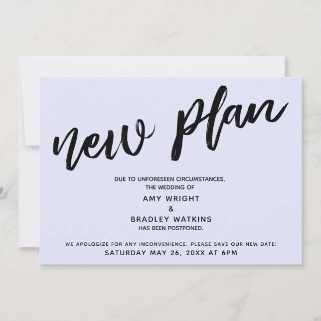 Invitation Nouveau plan annonce de report de mariage lavande (Devant)