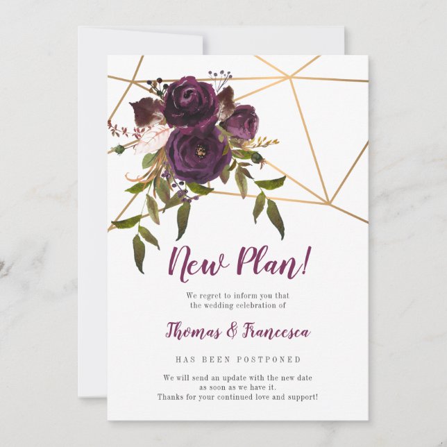 Invitation Nouveau plan ! Plum Floral Mariage reporté géométr (Devant)