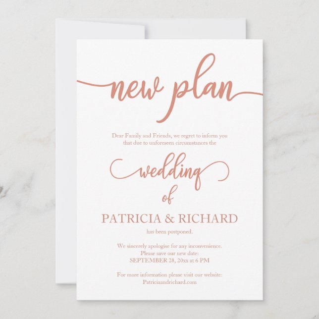 Invitation Nouveau Plan Reporté Mariage Elegant Rose Gold (Devant)