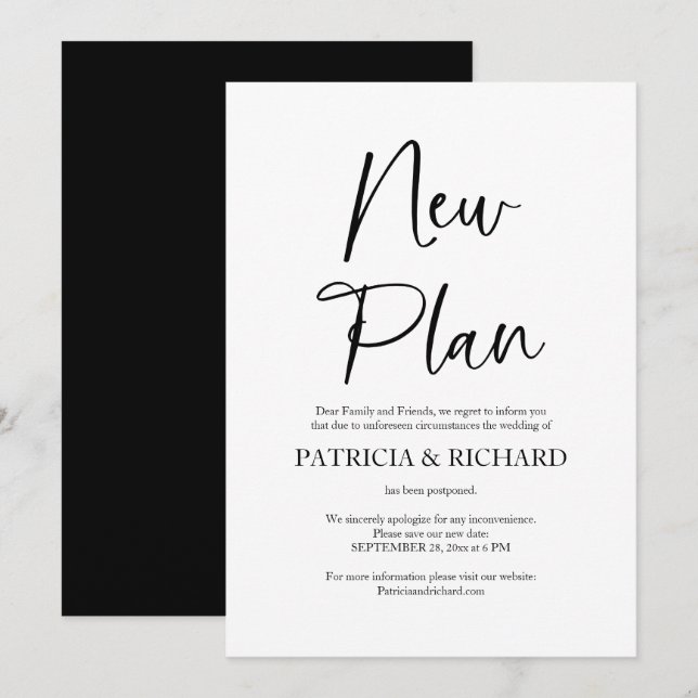 Invitation Nouveau plan simple d'annonce de report de mariage (Devant / Derrière)