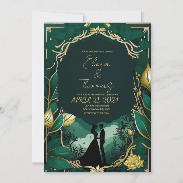 Invitation Nouveau Romantique Golden et Emerald Green (Devant)