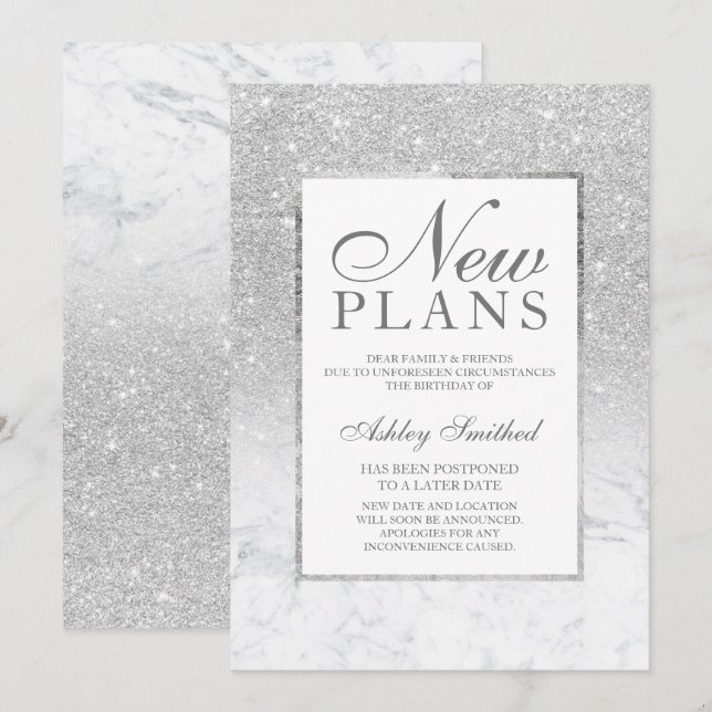 Invitation Nouveaux plans reportés ombre en marbre pailleté a (Devant / Derrière)