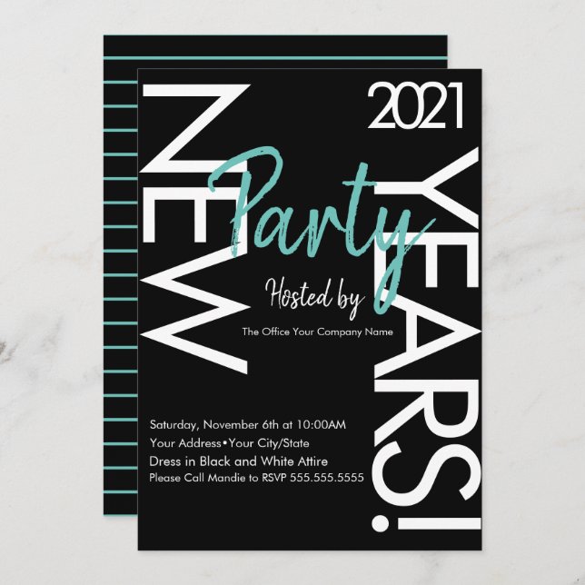 Invitation Nouvel An 2021 White Turquoise Typography Company  (Devant / Derrière)