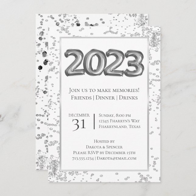 Invitation Nouvel An 2023 | Confetti en argent et en ballon n (Devant / Derrière)