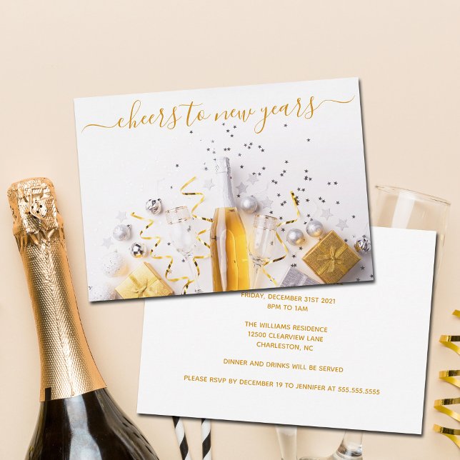 Invitation Nouvel An Chic Or Sérigraphie Champagne Fête (Créateur téléchargé)