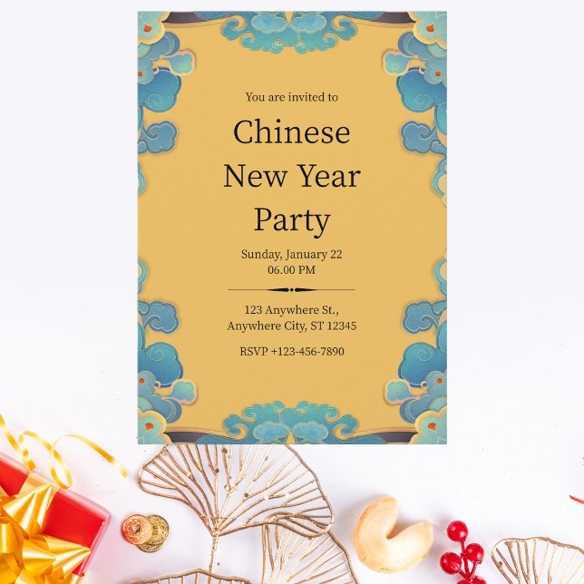 Invitation Nouvel An Chinois Bleu et Jaune Élégant (Créateur téléchargé)