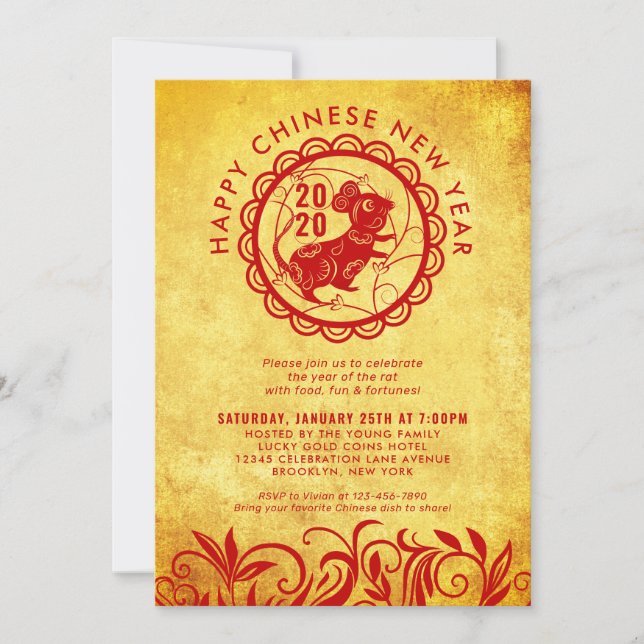 Invitation Nouvel An chinois moderne du Rat 2020 Gold Party (Devant)