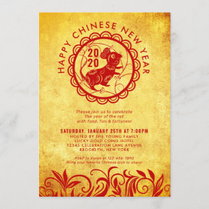 Invitation Nouvel An chinois moderne du Rat 2020 Gold Party
