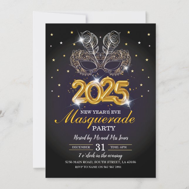 Invitation Nouvel An de la Masquerade Party Black Gold (Devant)