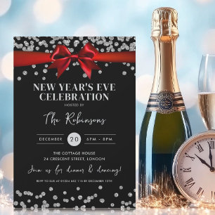 Invitation Nouvel An Eve Argent Paillettes Confettis Nœud Noi