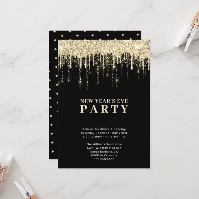 Invitation Nouvel An Eve Elegant Black Gold Parties scintilla (Devant/Arrière en situation)