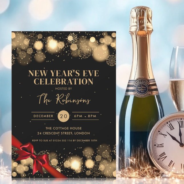 Invitation Nouvel An Eve Gold Black Winter Wonder Red Bow (New Years Eve Gold Black Winter Wonder Red Bow Invitation)