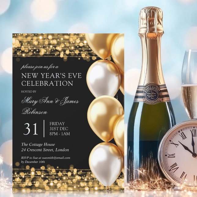 Invitation Nouvel An Eve Gold brillant Ballons (New Years Eve Gold Shimmering Lights Balloons Invitation)