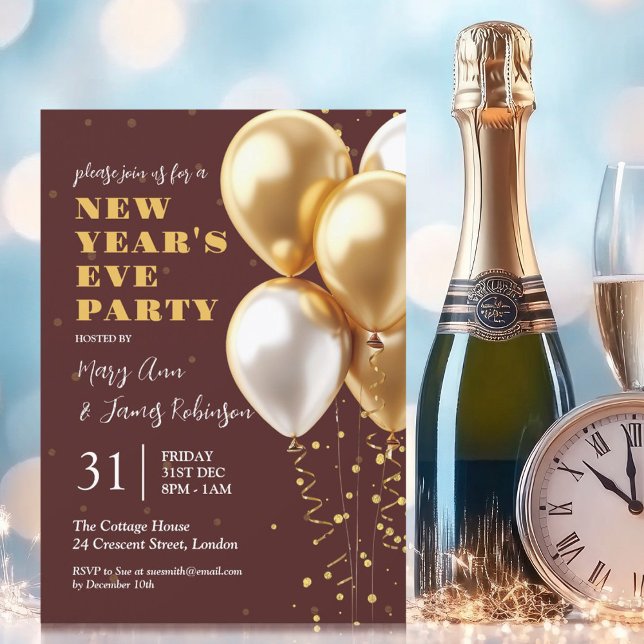 Invitation Nouvel An Eve Gold Confetti Ballons Bourgogne (New Years Eve Gold Confetti Balloons Burgundy Invitation)