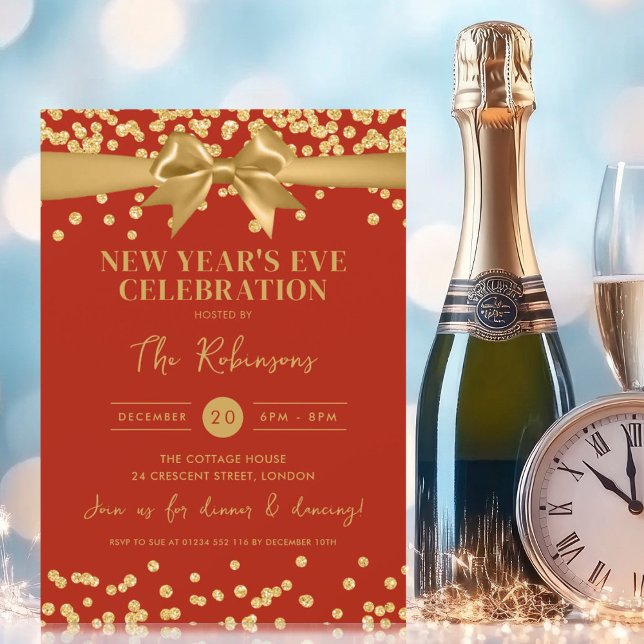 Invitation Nouvel An Eve Gold Parties scintillant Confetti &  (New Years Eve Gold Glitter Confetti & Bow Red Invitation)