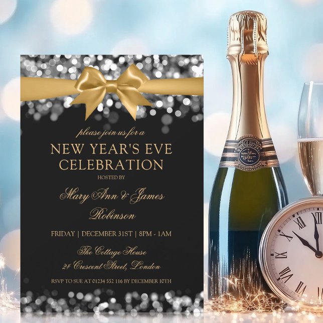 Invitation Nouvel An Eve Gold Silver Shimmer Lights Bow (New Years Eve Gold Silver Shimmer Lights Bow Invitation)