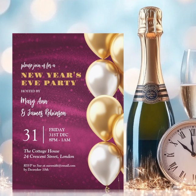 Invitation Nouvel An Eve Or Rose Shimmer Sequer Ballons (New Years Eve Pink Gold Shimmer Sequin Balloons Invitation)