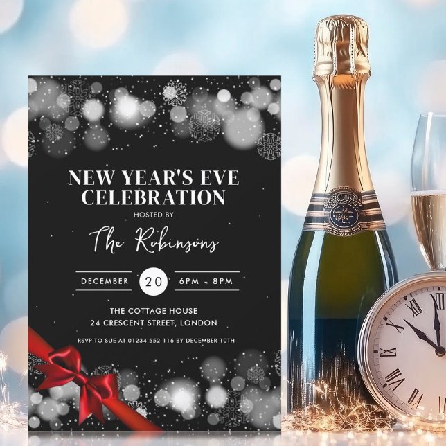 Invitation Nouvel An Eve Silver Black Winter Wonder Red Bow (New Years Eve Silver Black Winter Wonder Red Bow Invitation)