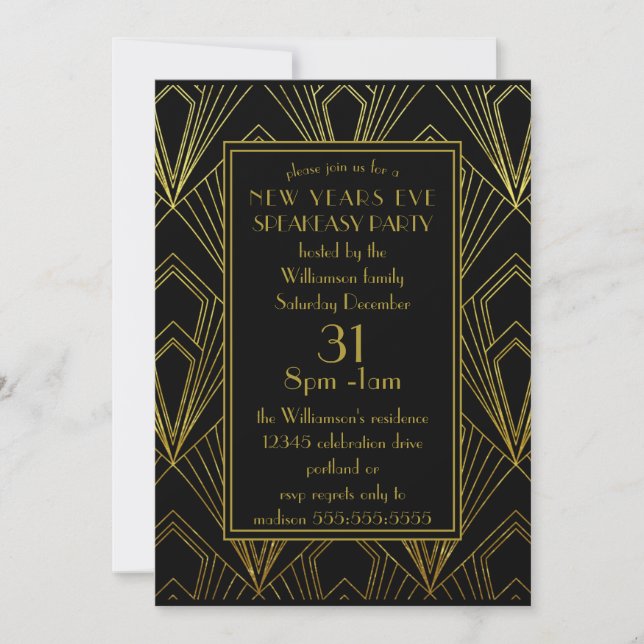 Invitation Nouvel An Eve SpeakeasParty Black Gold Art Déco (Devant)
