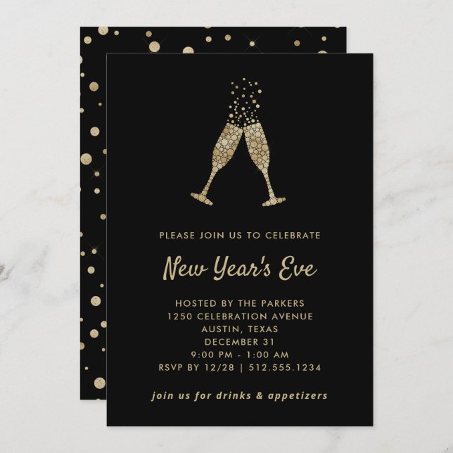 Invitation Nouvel An| Faux Gold Confetti en noir (Devant / Derrière)