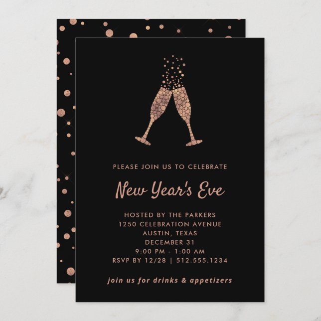 Invitation Nouvel An| Faux Rose Gold Confetti (Devant / Derrière)