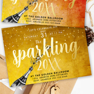 Invitation Nouvel An Glam Champagne Pétillant Or