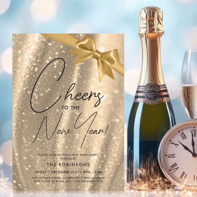Invitation Nouvel An MODERNE Eve Gold Sparkle Sequin Bow (MODERN New Years Eve Gold Sparkle Sequin Bow Invitation)